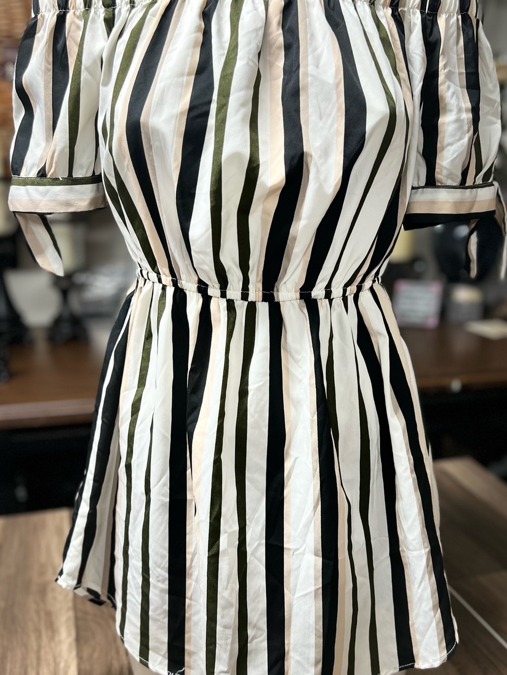 Blush Off-the-Shoulder Striped Mini Dress in Black, White & Olive